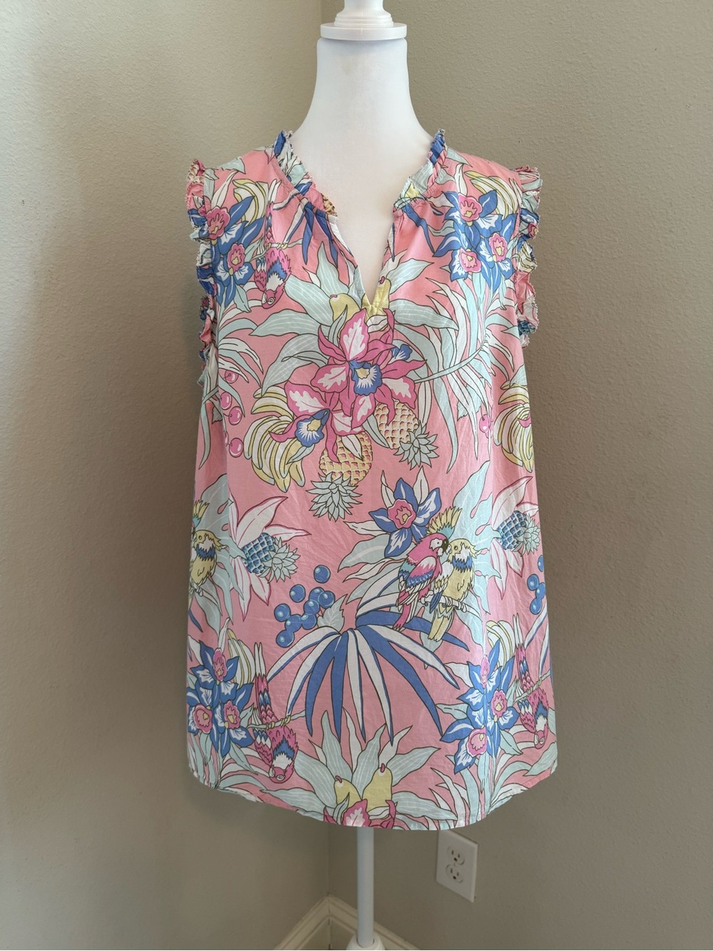 Tropical Floral Print Split Neck Top from Talbots in Soft Pink & Periwinkle